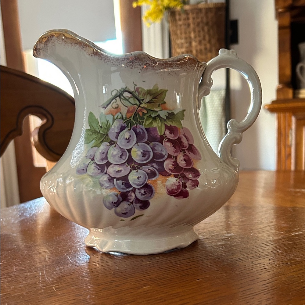 Vintage Porcelain Pitcher with Grape Design and Gold Filigree Rim